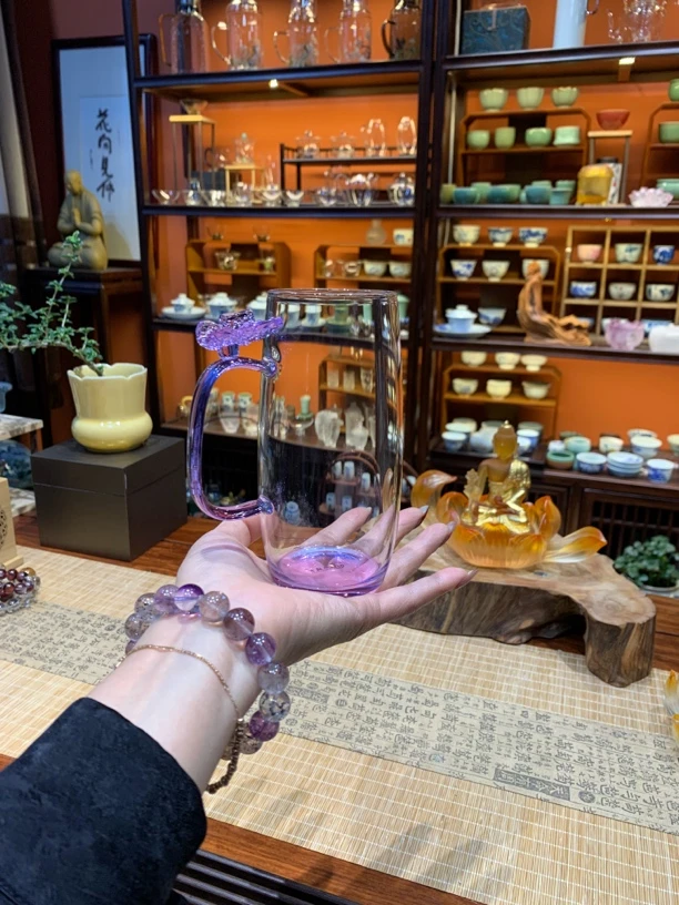 紫色蝴蝶绿茶杯400毫升高端家用透明
