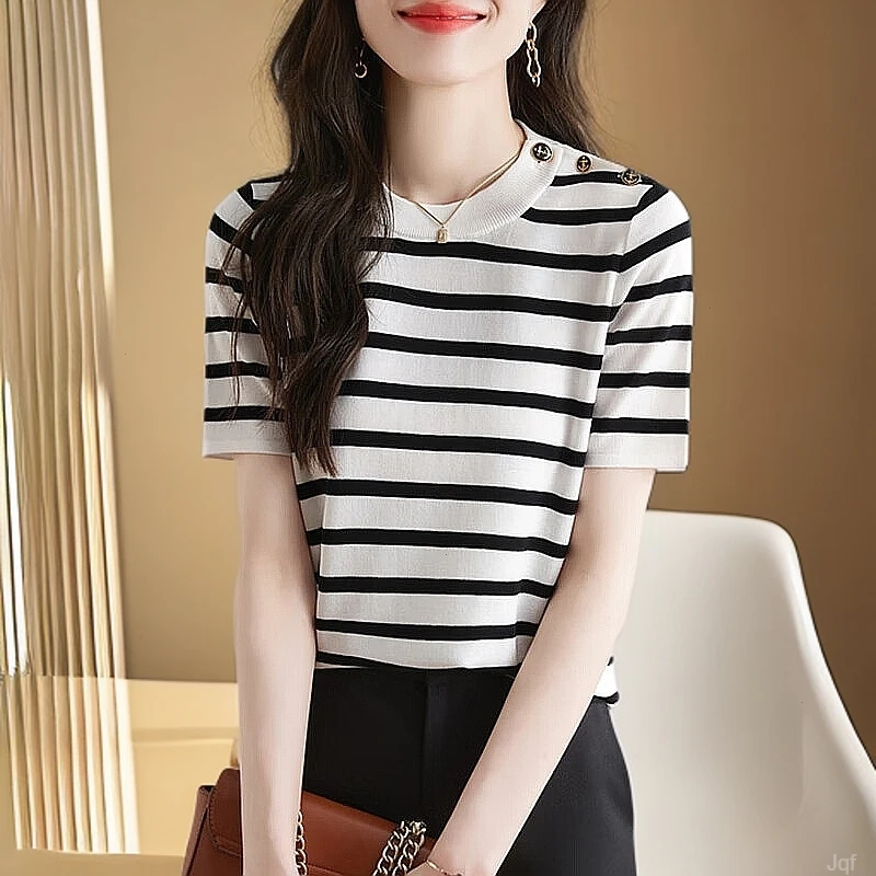 撞色条纹法式针织t恤女2025夏季新款体恤显瘦高级感洋气百搭上衣