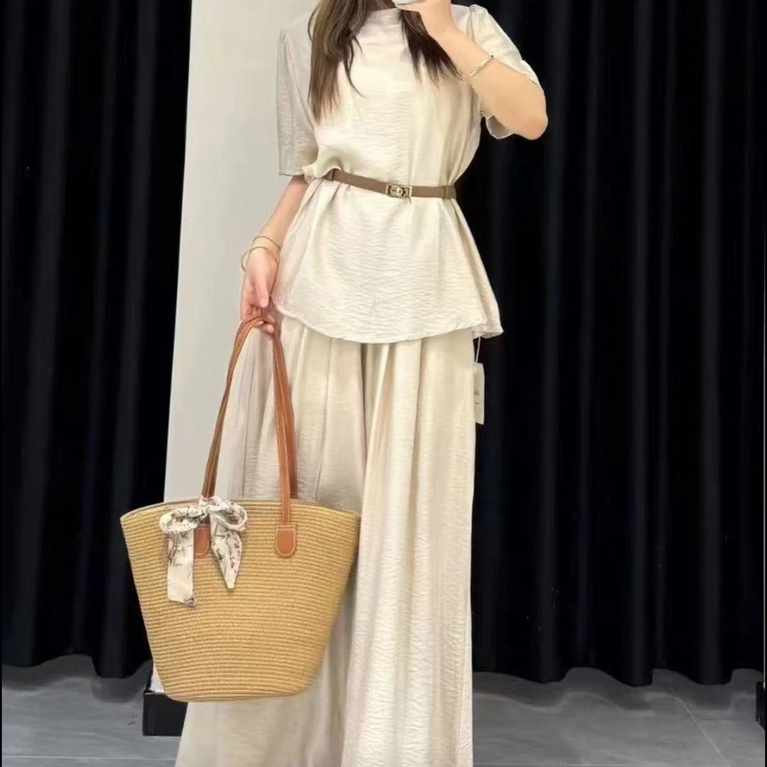 大码女装夏季新款高级感时尚盐系短袖上衣+阔腿裤两件套6288