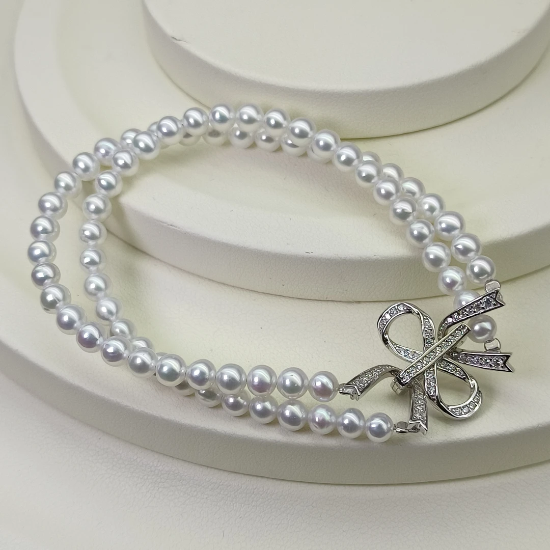 【瑞米珍珠】淡水珍珠S925银蝴蝶结扣双层手链4-5mm