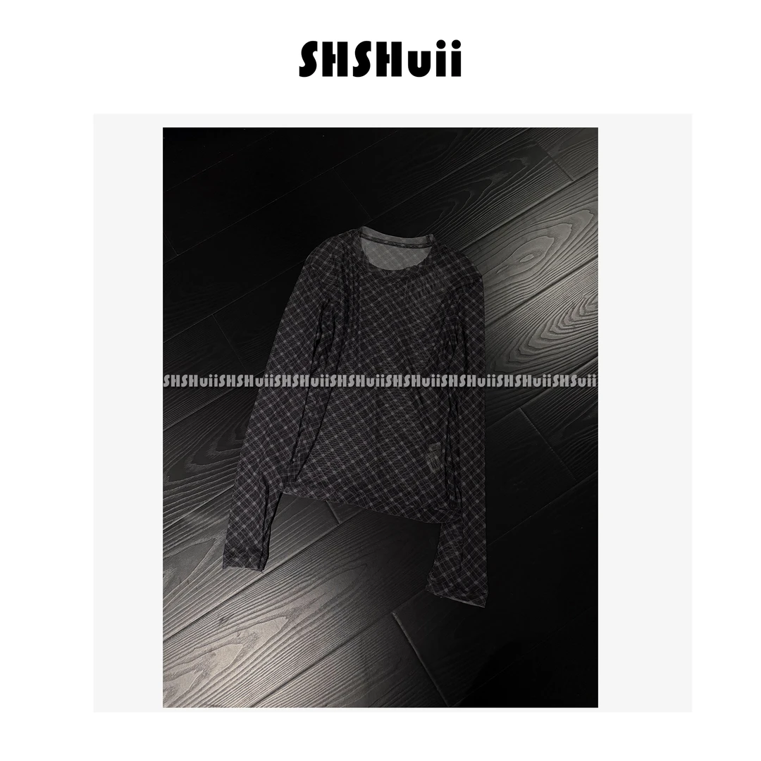 SSHuii【倒带旋律】凉感个性菱格纹印花透视网纱长袖上衣