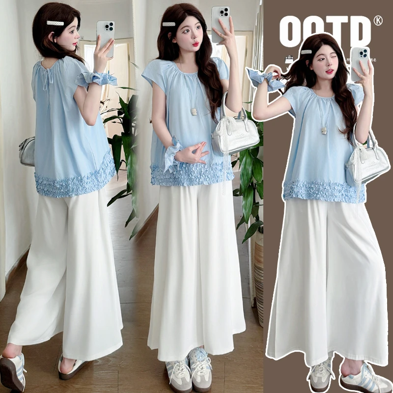 【安安】孕妇装夏季韩版娃娃衫+阔腿裙裤时尚清爽减龄孕妇上衣夏装