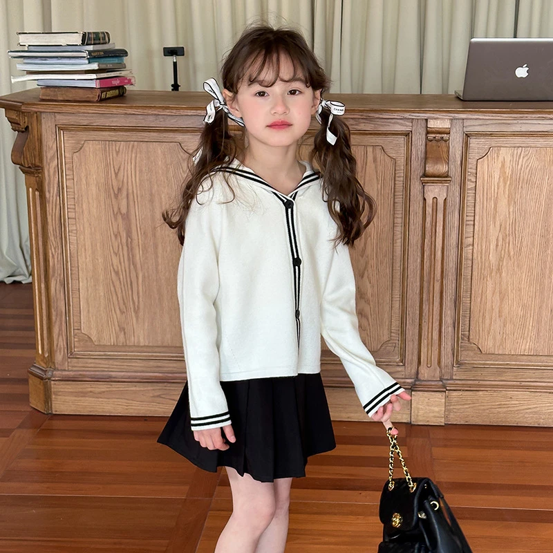 【现货清】女童韩版学院风毛衣儿童洋气撞色针织开衫外套25A175