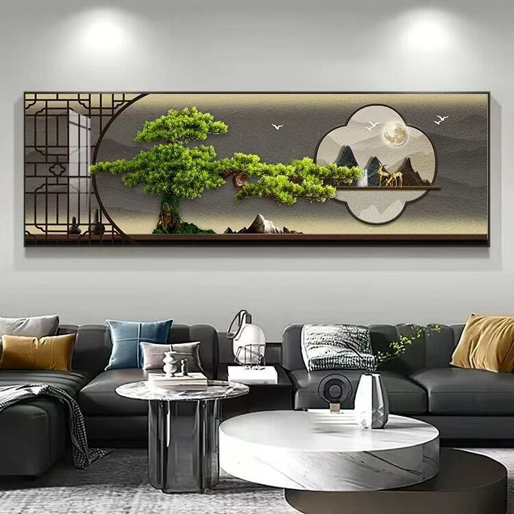 【云舒】迎客松新中式晶瓷镶钻沙发背景墙画书房办公室挂画70200