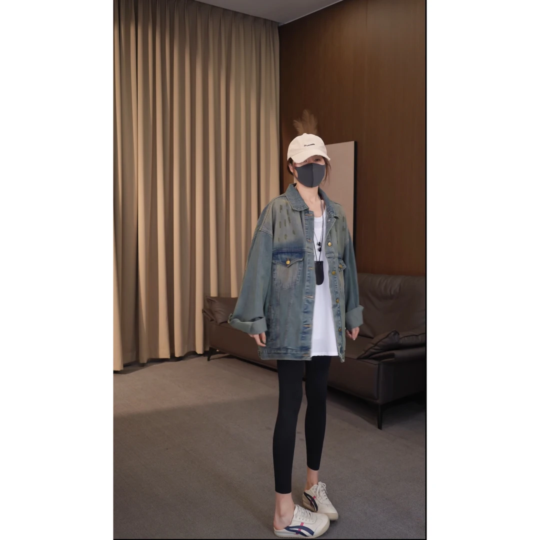 硕哥宽松休闲百搭洗水做旧复古蓝牛仔外套 22759