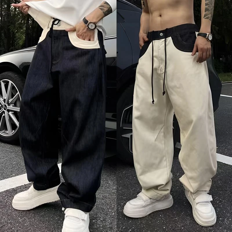 秋冬季新款男士高街时尚撞色拼接弯刀休闲裤潮流百搭宽松阔腿长裤