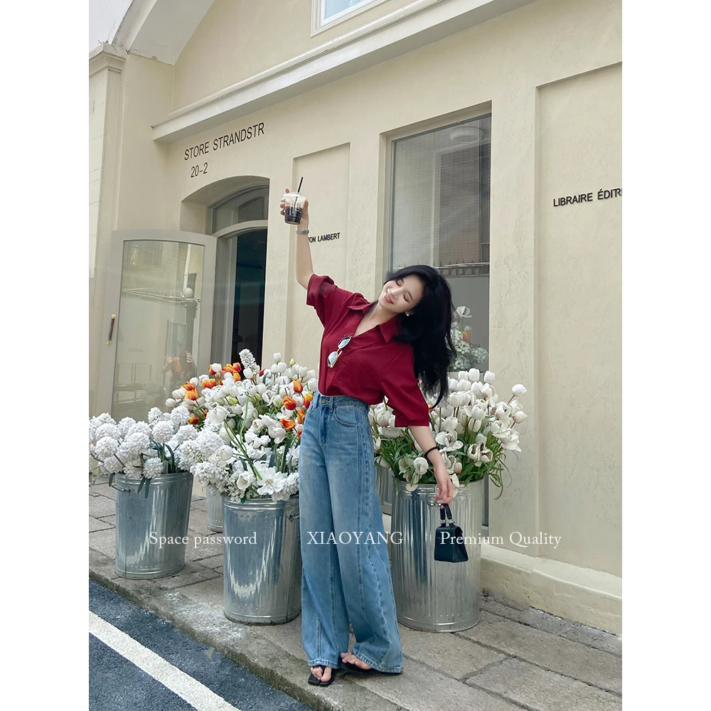【蓝以抵挡】小个子弯刀阔腿牛仔裤秋季新款女士慵懒阔腿百搭裤子