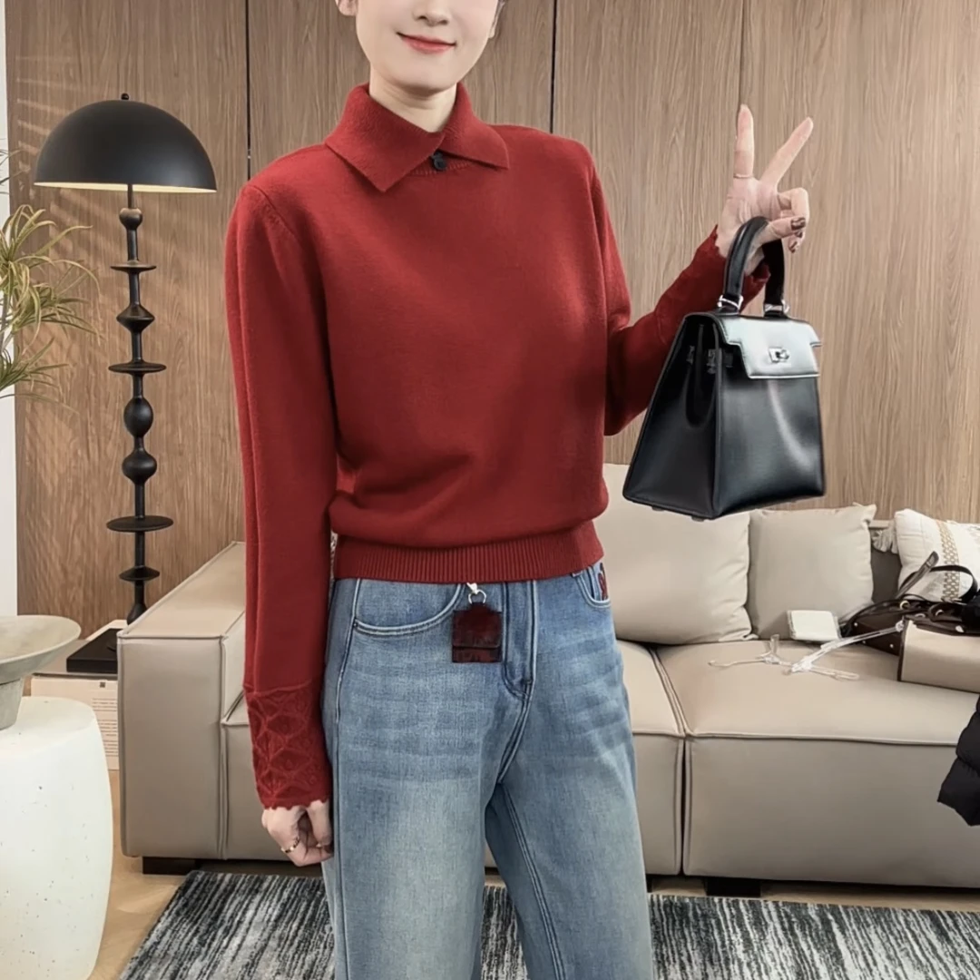 【达人专属】冬季新款POLO领蕾丝袖气质款圣诞款女毛针织衫