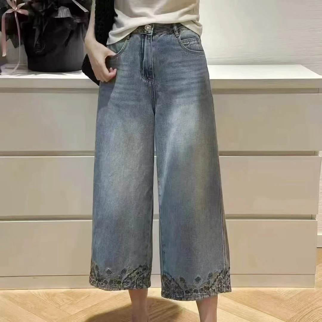 《董家推荐》中式刺绣显瘦阔腿裤直筒时尚宽松休闲百搭九分牛仔裤