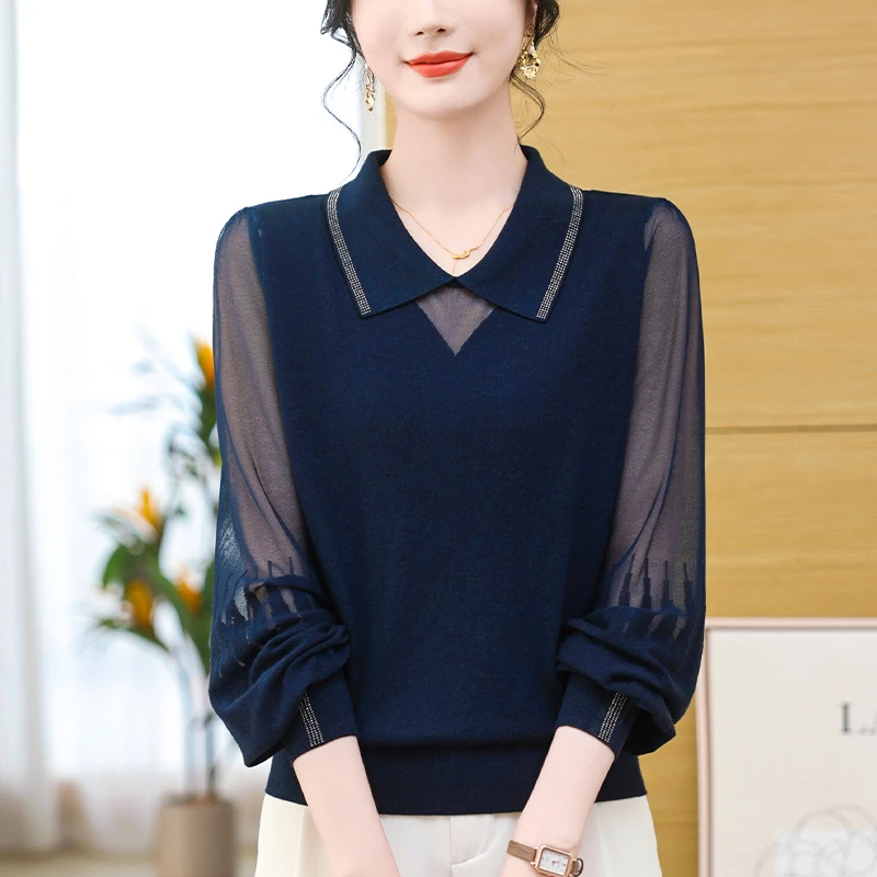 打底衫女春秋时尚洋气Polo领上衣宽松显瘦百搭休闲大码薄款针织衫