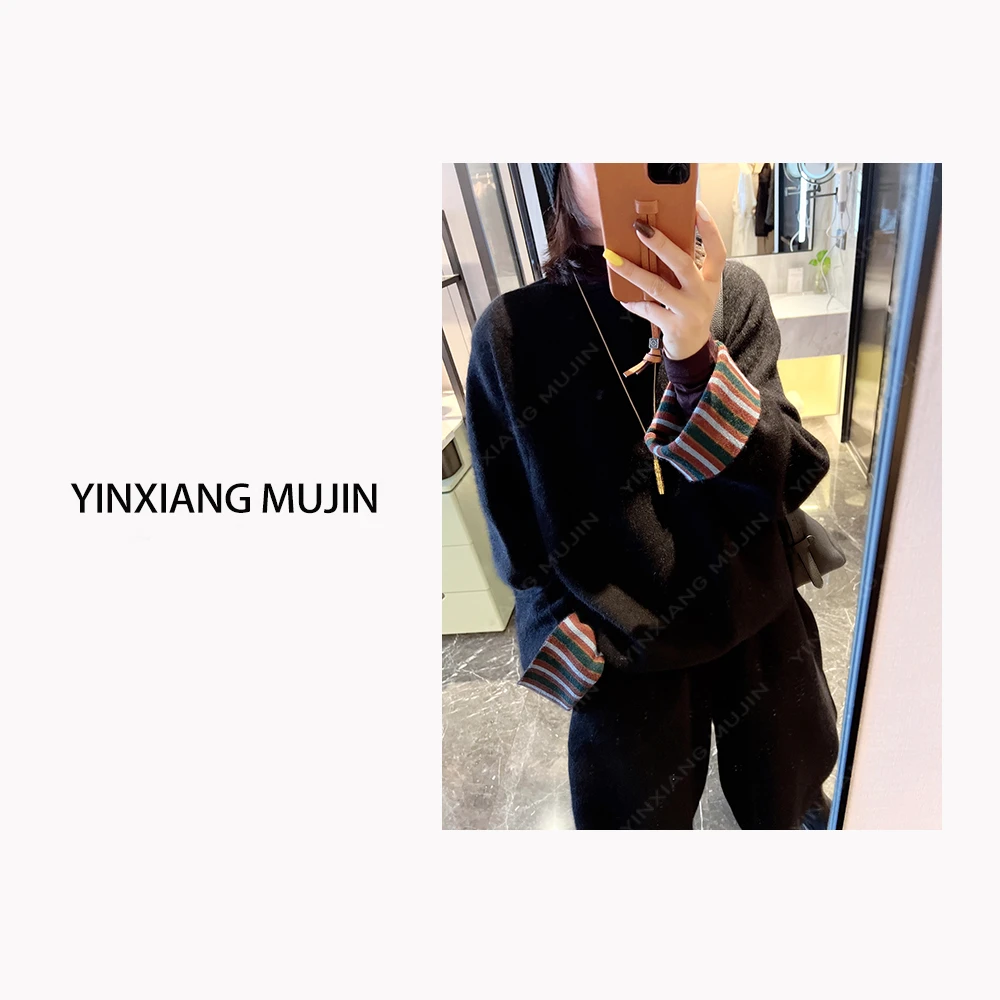 【YINXIANGMUJIN】双织彩条毛衣 时尚套头宽松百搭长袖羊毛衫女士冬