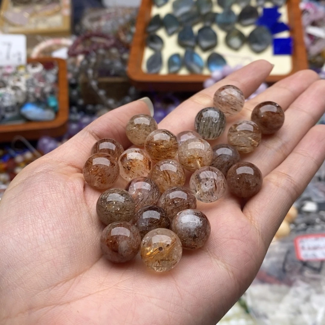 未镶嵌玛瑙/玉髓珠宝半成品两个装12mm天然黑金超七水晶圆珠