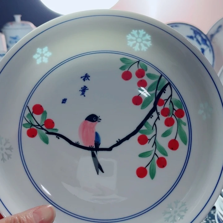 青花玲珑8寸窝盘手绘花鸟