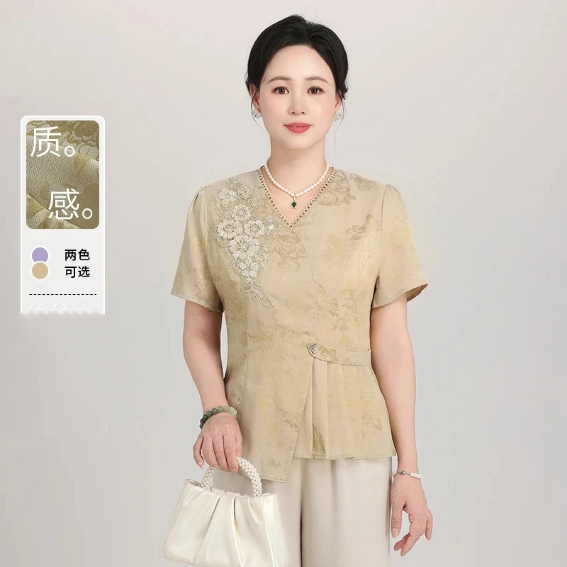 中年妈妈夏装套装国风短款T恤休闲两件套薄冰丝短袖上衣中老年款