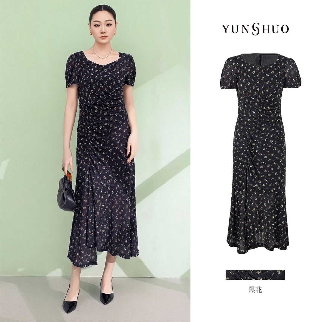 允硕新品时尚方领开叉收腰褶皱碎花气质夏季长款百搭连衣裙569434