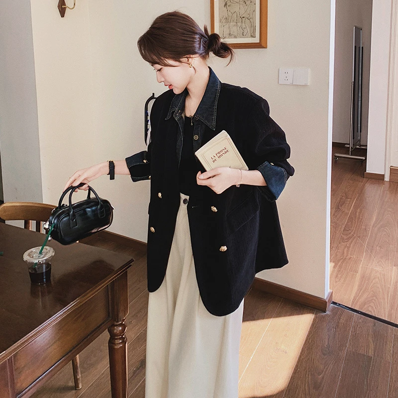 韩版假两件牛仔拼接灯芯绒西装外套女春季新款高级感复古气质西服