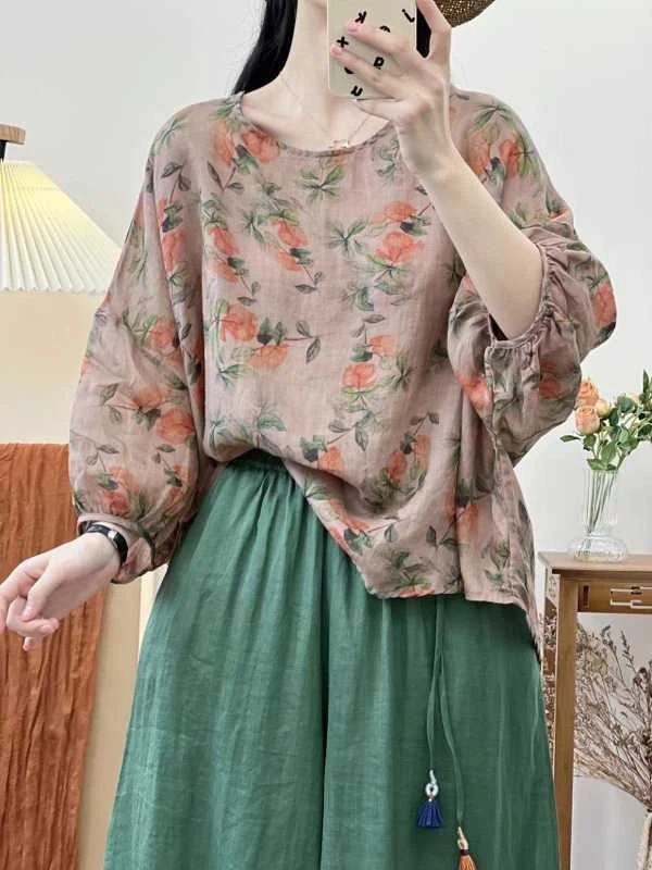 纯苎麻大版肥夏季薄款印花禅意宽松中式国风轻薄精致慵懒风老钱风