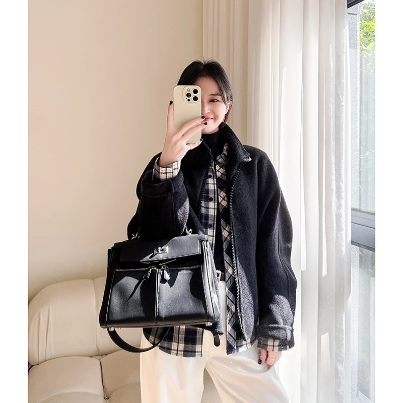 双面呢大衣女宽松2025秋冬季新休闲百搭加厚纯色羊毛呢外套女