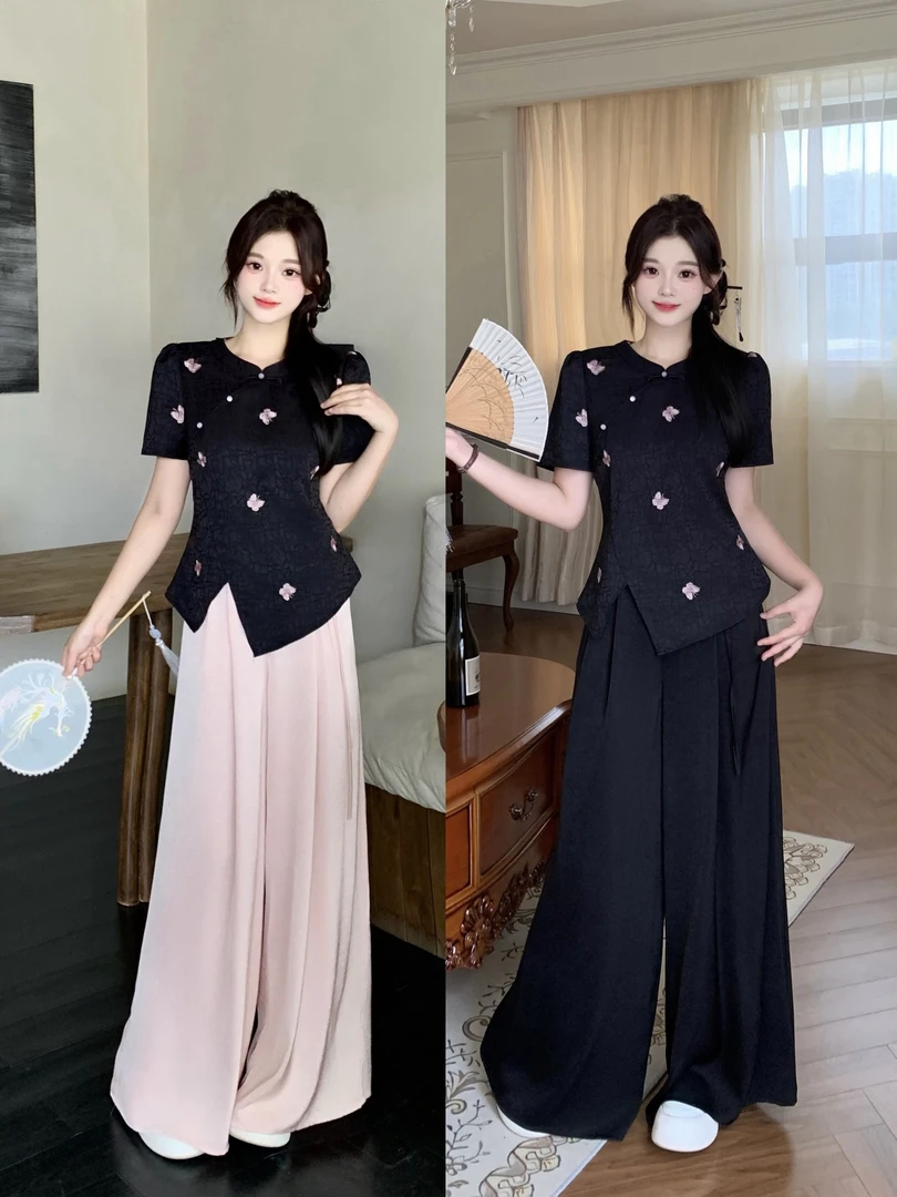 新中式蝴蝶刺绣大码女装气质显瘦上衣阔腿裤套装夏季22359+22314