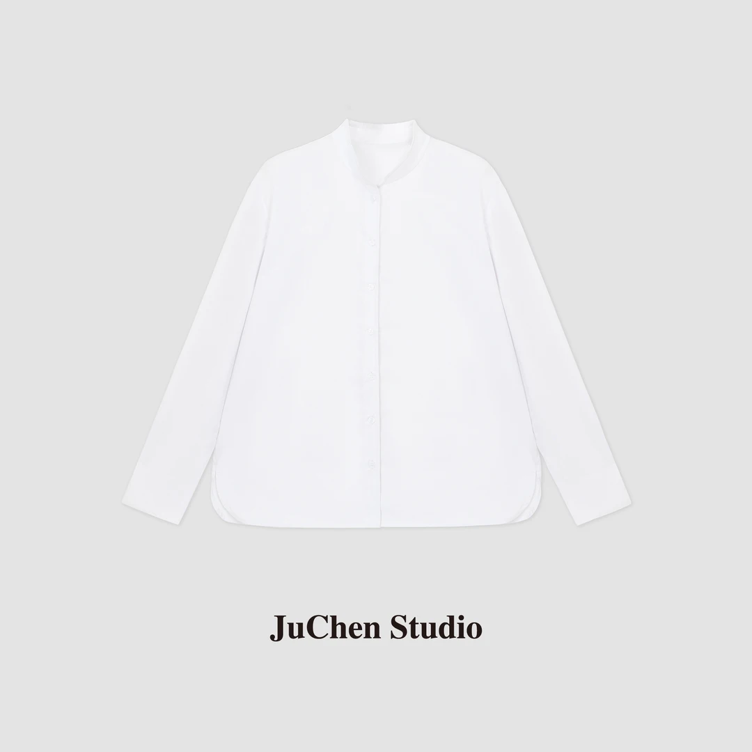 LIBOSHU“戴安娜”法式设计感花边立领圆弧开衩长袖衬衫 FW8002-97