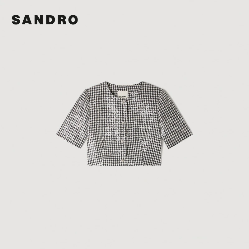 SANDRO2026春季新款时尚粗花呢千鸟格短款修身外套上衣SFPVE01318