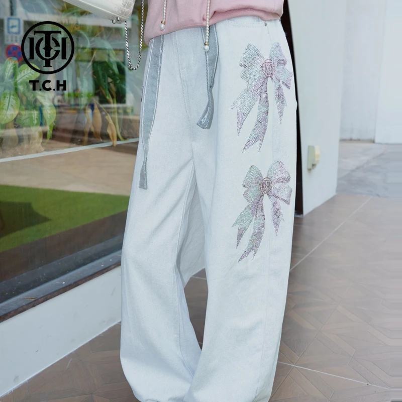 TCH私服烫钻蝴蝶结时尚百搭白色牛仔裤女T75A20E5025轻奢tch