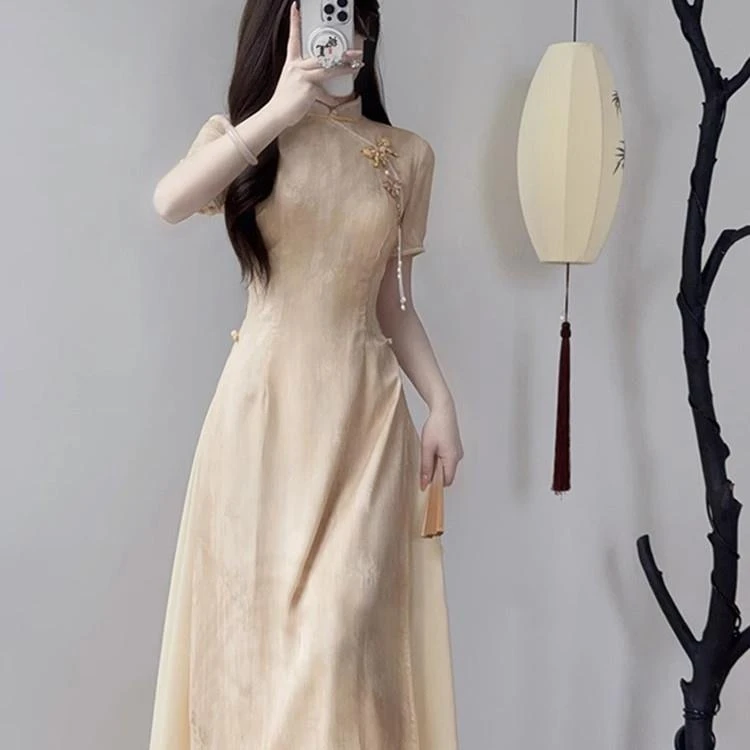 夏季《莲洲》黄色旗袍春夏新款新中式国风改良绝美气质奥黛