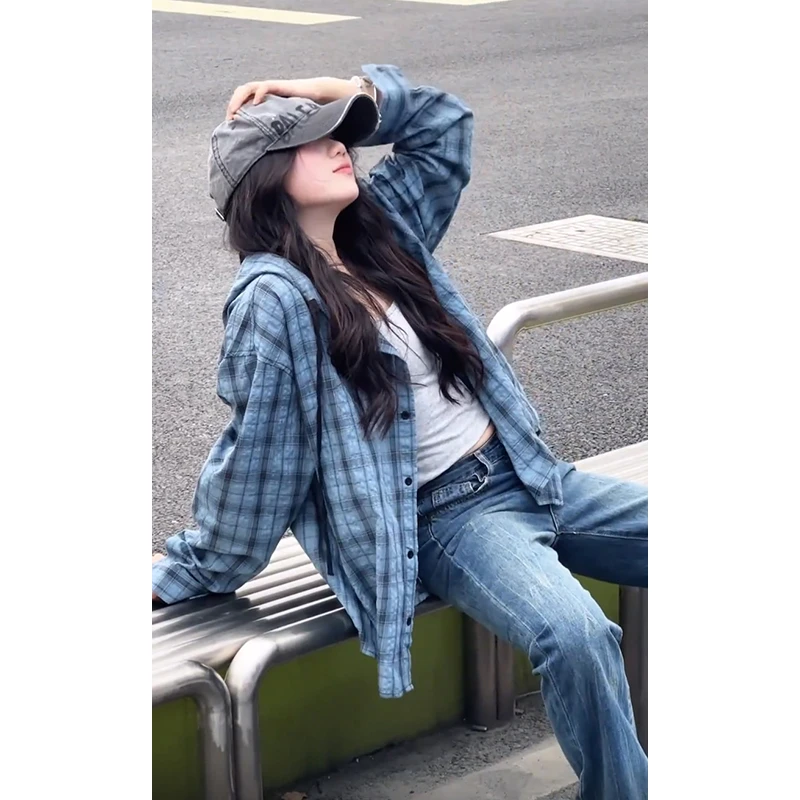 慵懒风薄款格子衬衫男女同款夏季宽松休闲连帽防晒衬衫男款外套男