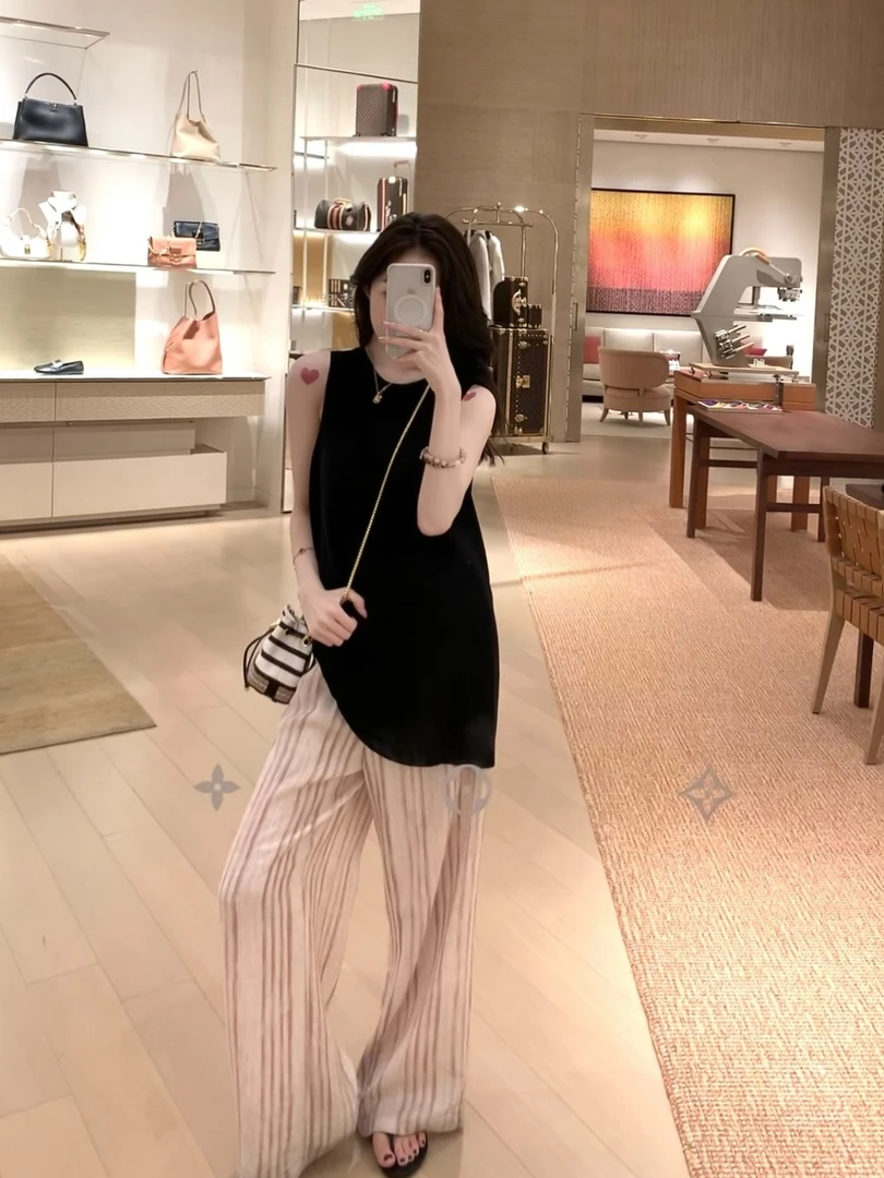 崔星星【色织亚麻】老钱风猫眼麻条纹松紧腰直筒慵懒松弛休闲裤女