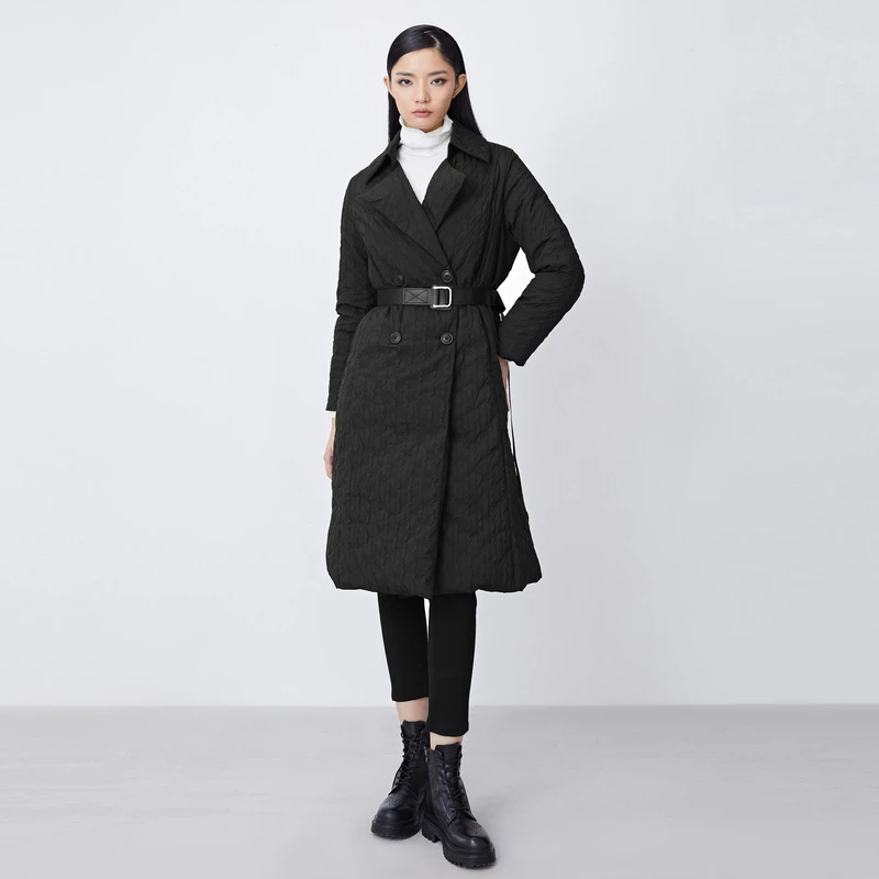 S·DEER圣迪奥女装休闲翻领双排扣肌理收腰长款羽绒服S21482458