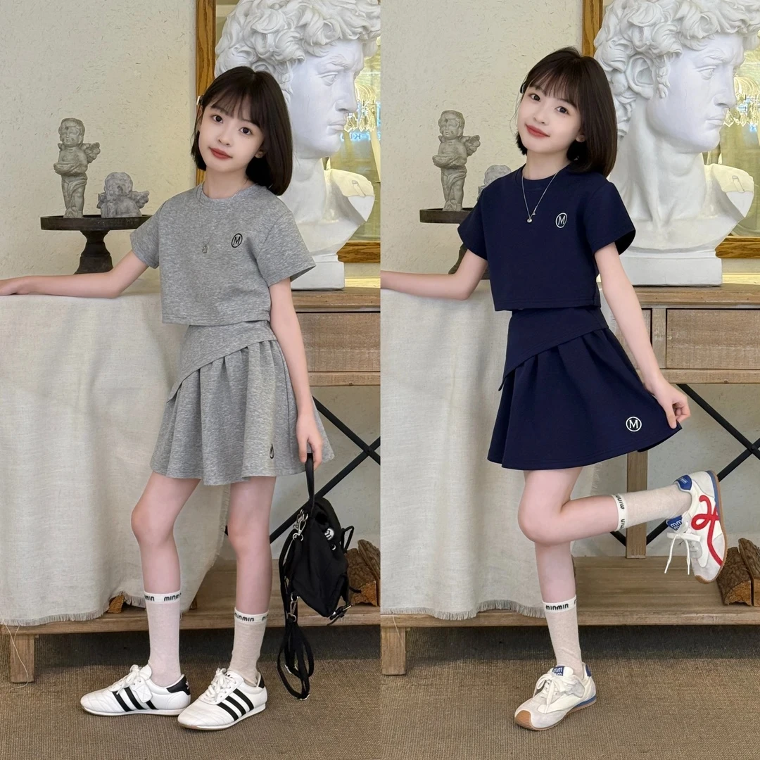 女童韩版不规则圆领短袖针织上衣套装夏季新款气质高腰a字半身裙