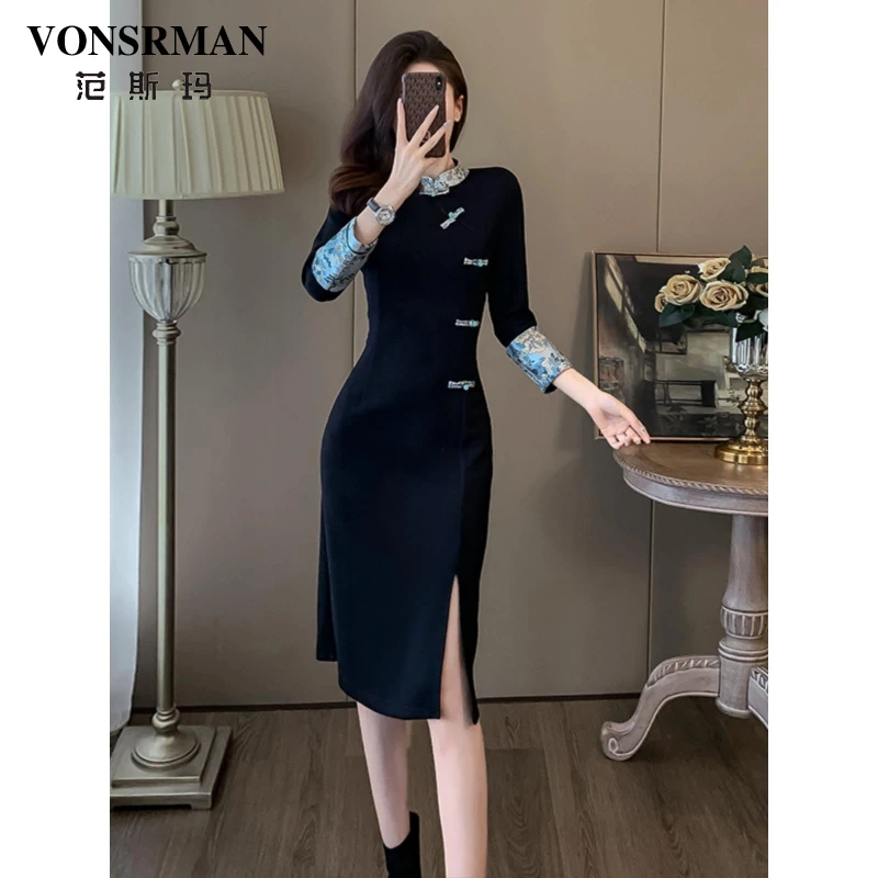 新中式国风黑色旗袍连衣裙女士春秋季2025新款高端名媛小黑裙显瘦