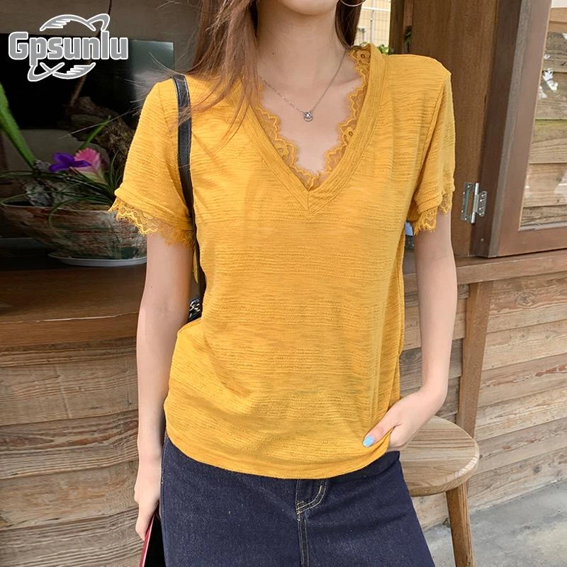 gpsunlu蕾丝边拼接短袖夏季纯欲慵懒锁骨宽松白色上衣显瘦打底衫