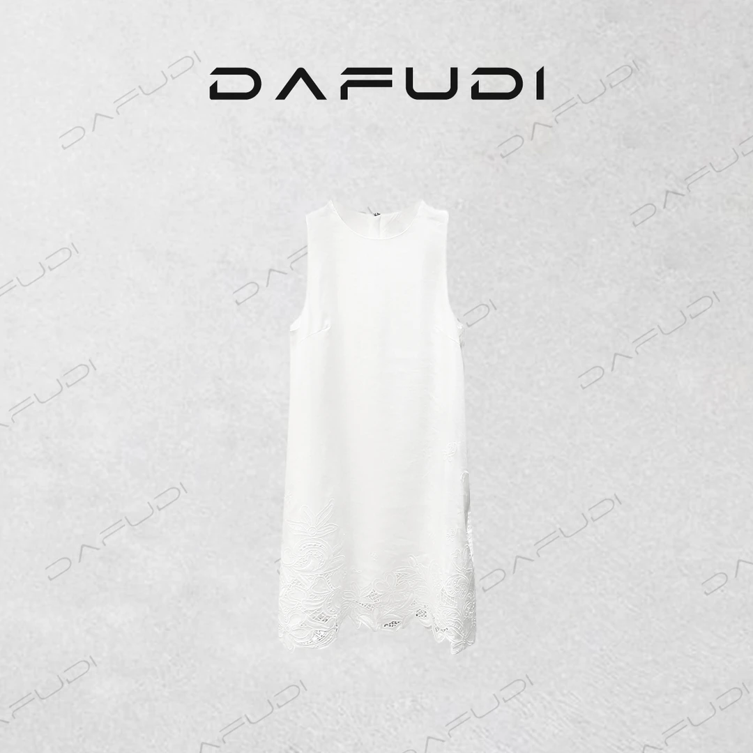 达芙笛【连衣裙】2025夏新品天丝亚麻轻薄镂空绣花A字小白裙Z6645