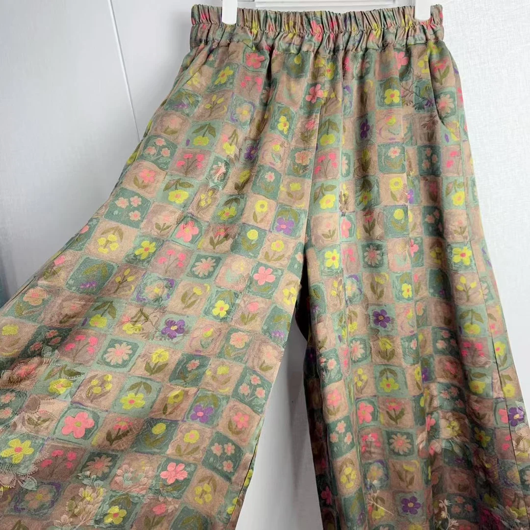 洛神花语！裙裤直筒时尚！桑蚕丝灰绿格子长裤裙裤阔腿裤宽松百搭