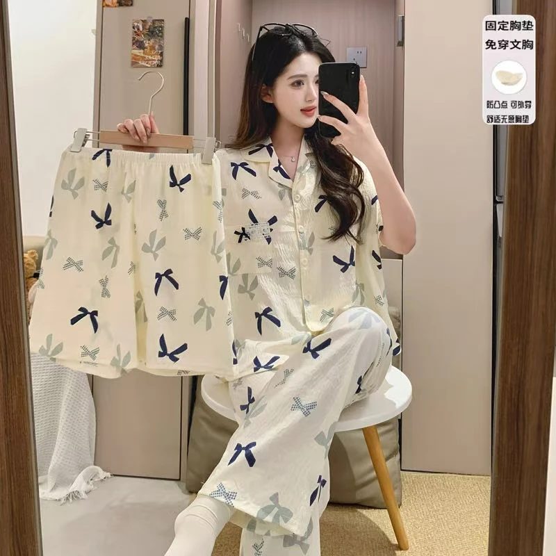 【温蓝】带杯垫三件套蝴蝶结短袖女夏季睡衣家居服温柔透气舒适2376