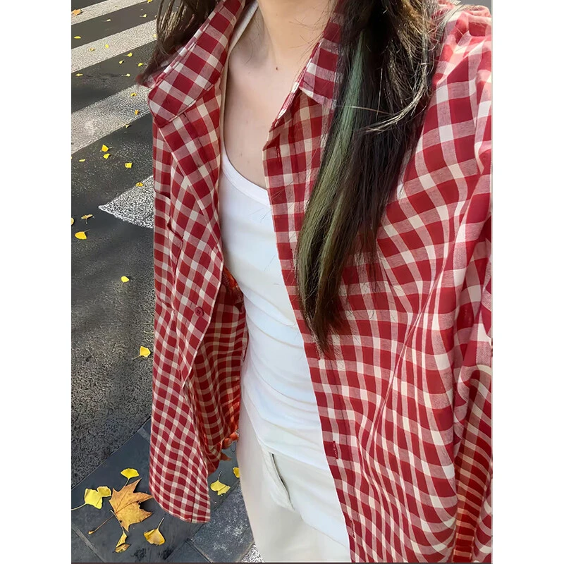 美式vintage格子拼接长袖衬衫男夏季潮牌慵懒风宽松休闲衬衣外套