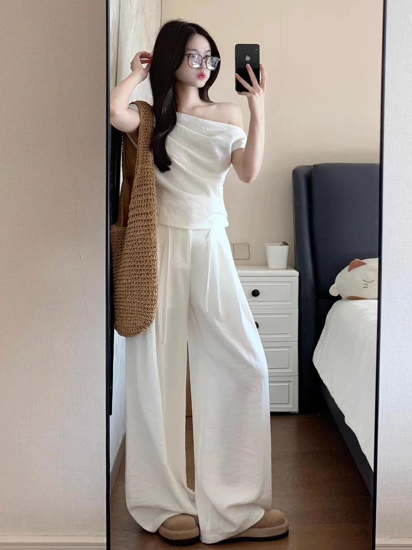2025新款高级休闲穿搭一整套韩系巨好看斜肩上衣裤子两件套装女夏