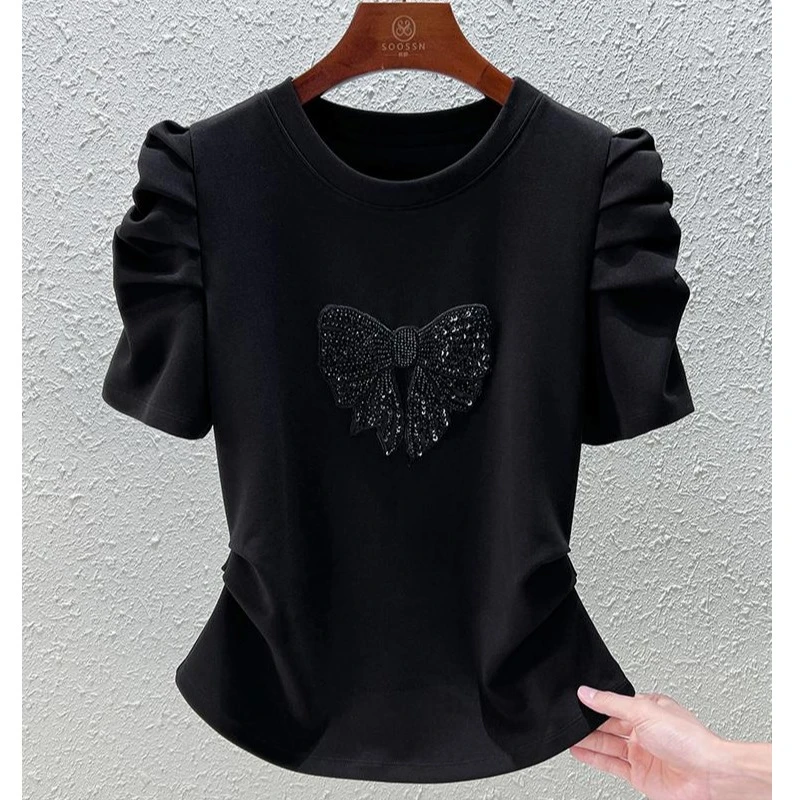 优质棉蝴蝶结短袖T恤女2025夏季新款时尚折折袖百搭遮肉显瘦上衣