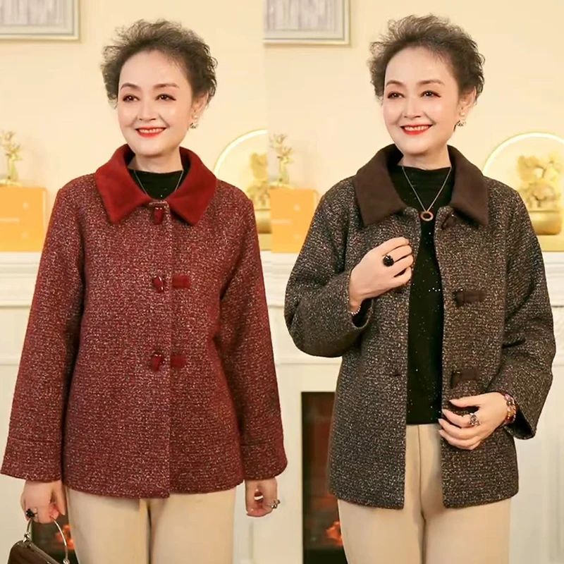 妈妈装秋冬新款时尚厚外套中老年洋气女装保暖毛呢大衣小个子短款