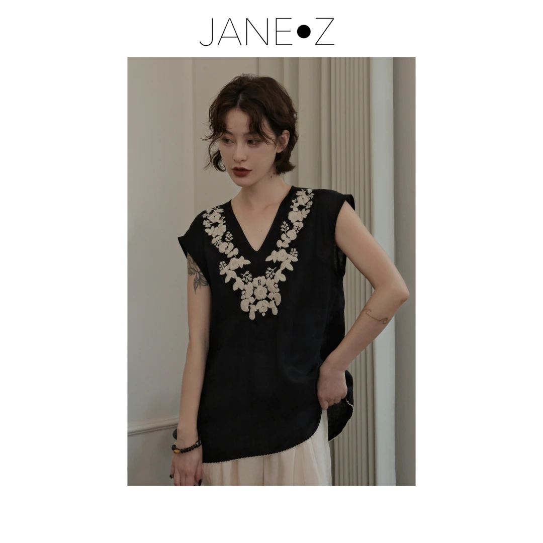 【川绣】夏季100%亚麻重工刺绣V领无袖宽松时尚显瘦廓形上衣JZ065