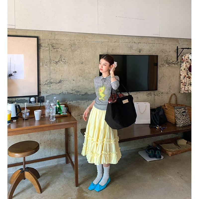 【小黄鸭】19%羊毛卡通印花长袖T恤修身打底上衣4093