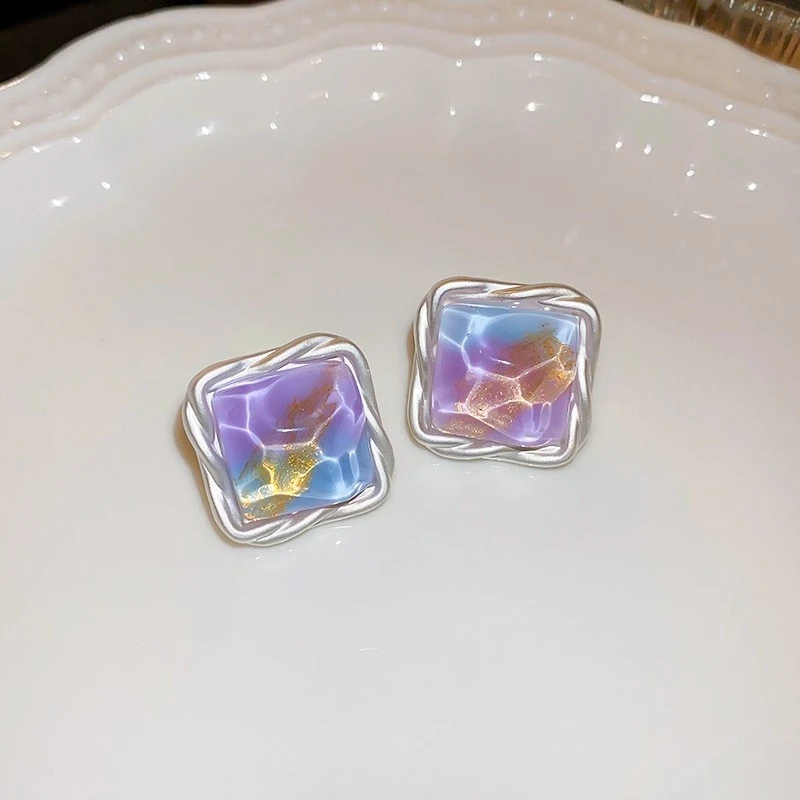 铜合金耳饰 女气质个性彩色拼色耳钉高级感日韩炫彩法式紫色