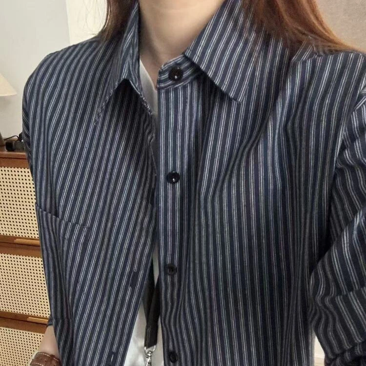 MOLAN/墨岚美式休闲格子男士衬衫长袖春秋慵懒风条纹韩版气质衬衣