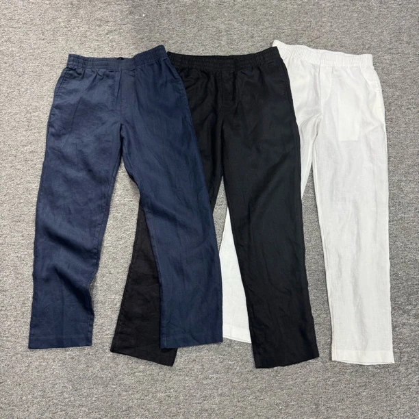 H男士春夏亚麻长裤直筒运动休闲长裤松紧腰