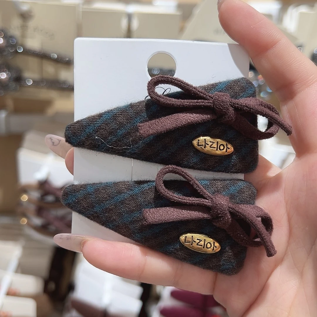 皮质铁合金蝴蝶结绿色格子掰掰夹