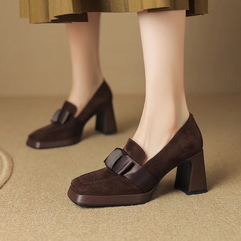 菓苒8cm高跟法式蝴蝶结方头春秋单鞋气质百搭玛丽珍粗跟磨砂跟鞋