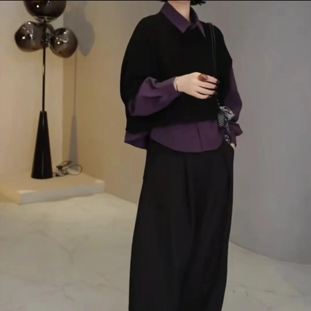 时尚设计感宽松POLO领长袖衬衫与针织马甲叠穿秋季女装