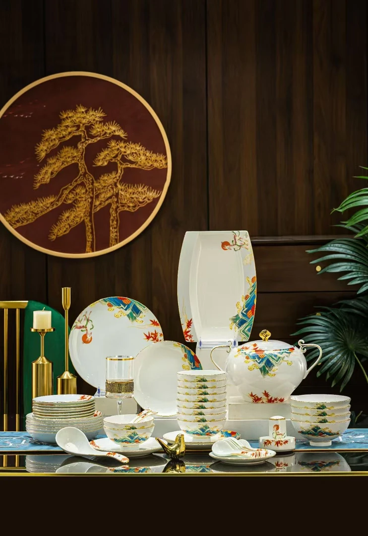 景德镇高档轻奢国潮风60件山水餐具送礼礼品套装餐具