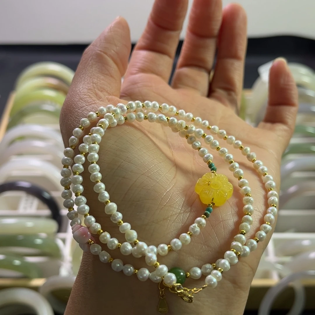 淡水珍珠手链多圈银S925镀金镶嵌